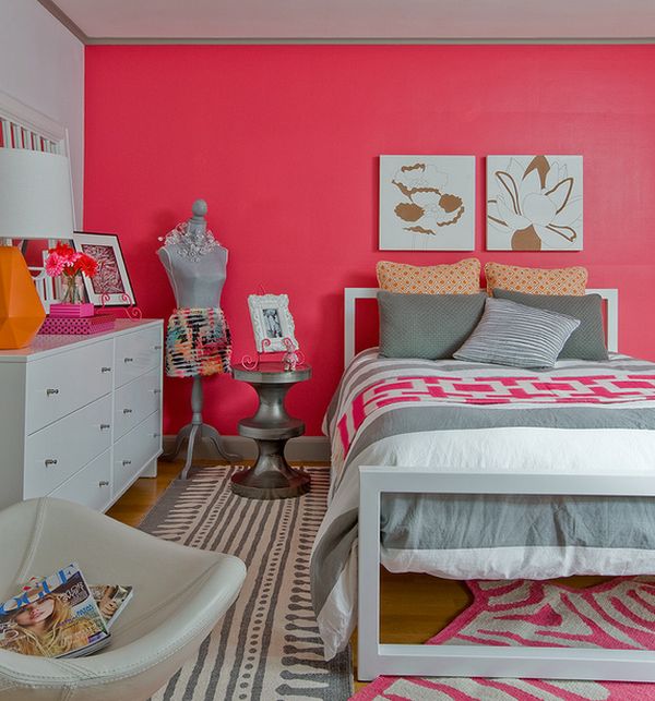 chambre moderne d'ado fille avec mur rose