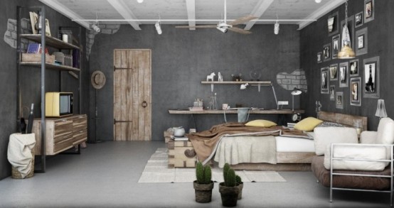 chambre au style industriel avec murs en béton et mobilier en bois